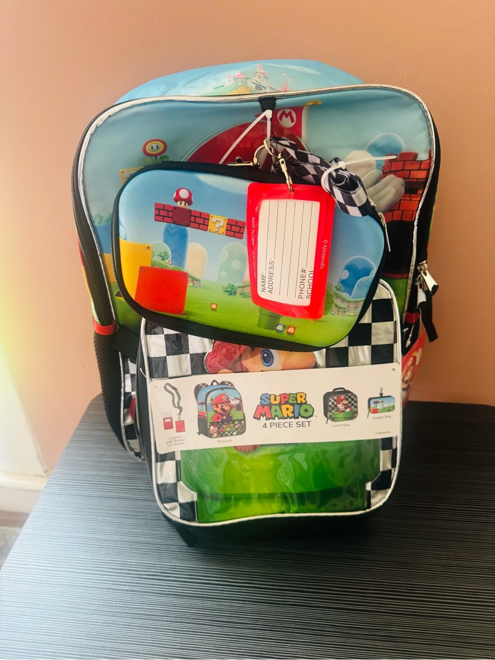 Nintendo Super Mario Kids Backpack Set - Light Blue, Green & Red Accents